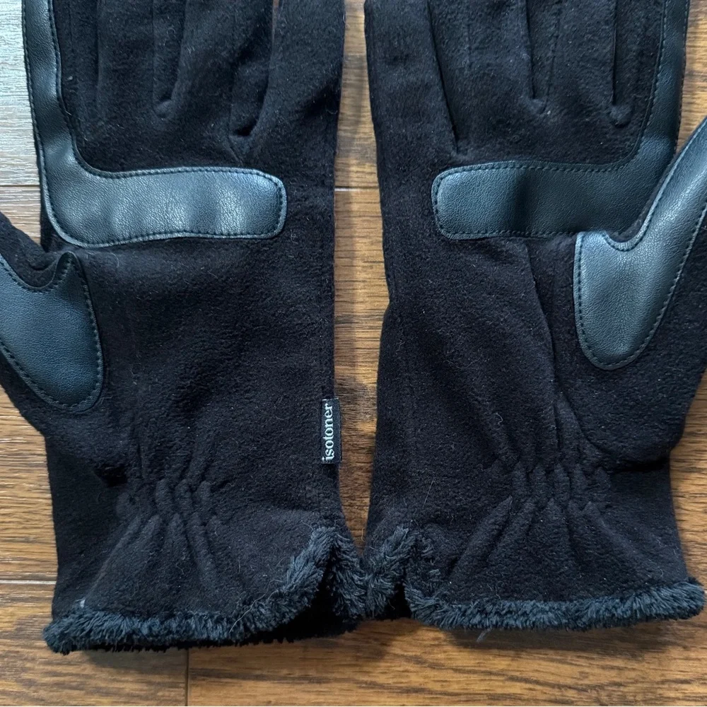 Isotoner Water Repellant Fleece Touchscreen Gloves, Black with Palm Patch